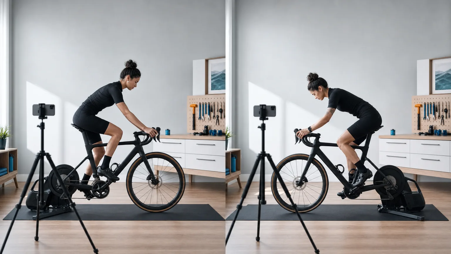 Two matched side-on recordings of the same cyclist, bicycle, trainer and phone-camera position.