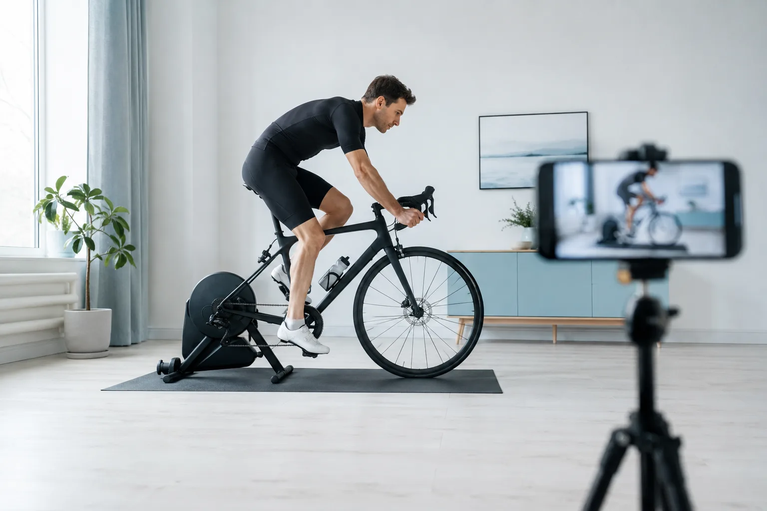 A bike on an indoor trainer being filmed from the side by a phone on a tripod — the camera check setup