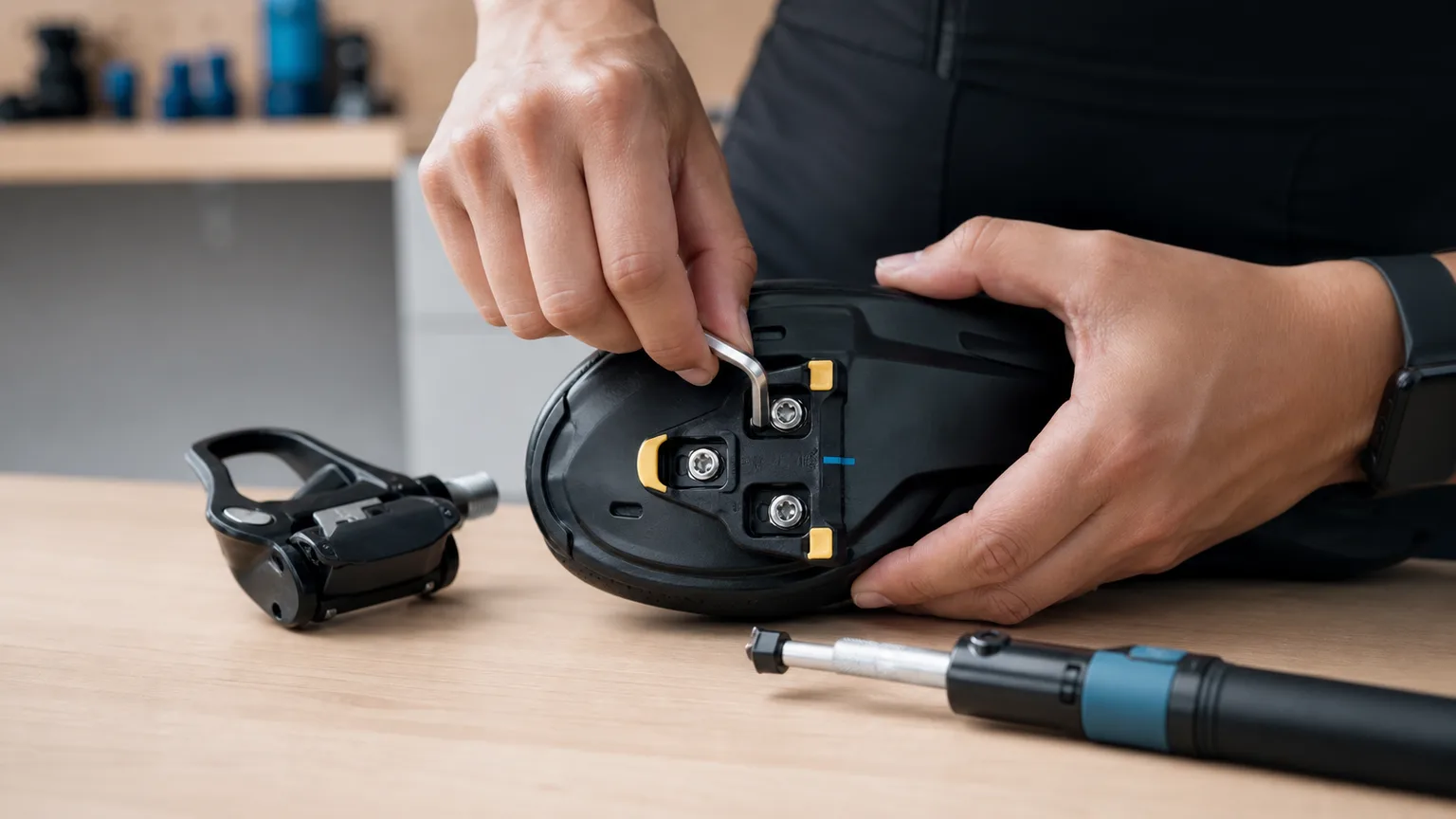 A cyclist making one small marked cleat adjustment with an Allen key