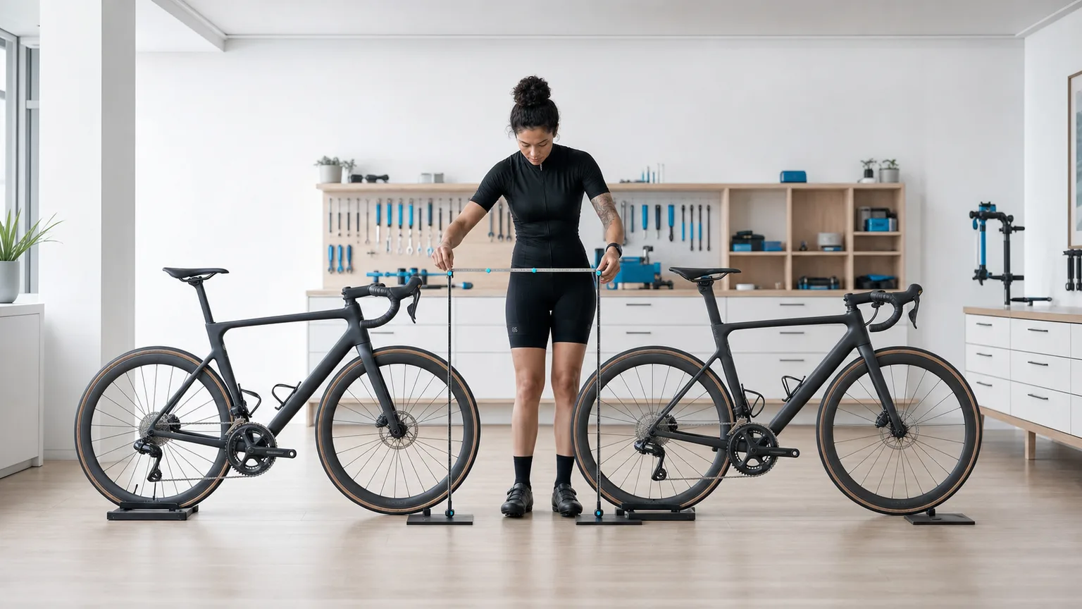 Two complete matte road bikes stand side by side while a fitter compares their physical contact-point heights.
