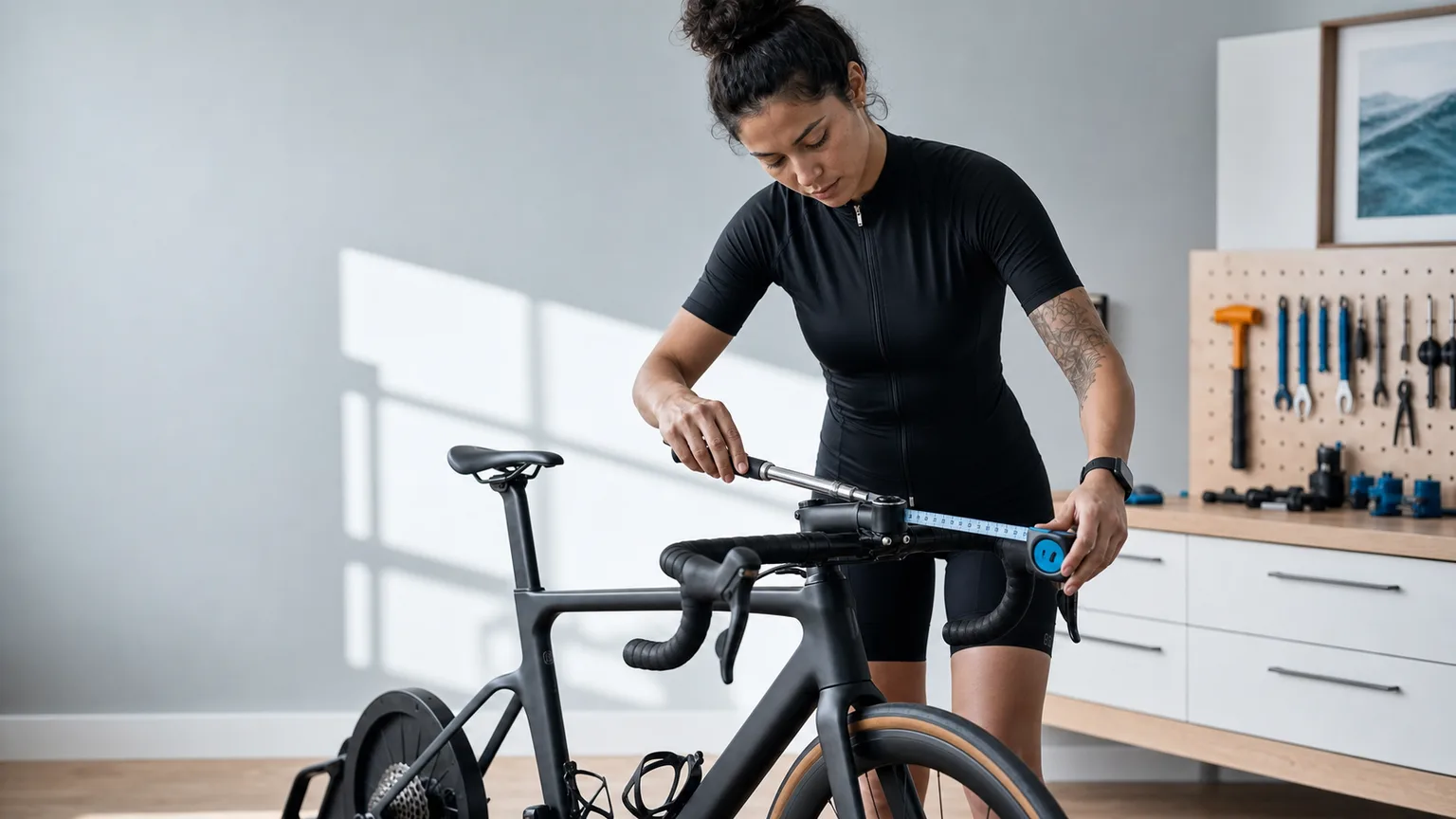 A cyclist measuring the handlebar and stem of a road bike with a tape measure