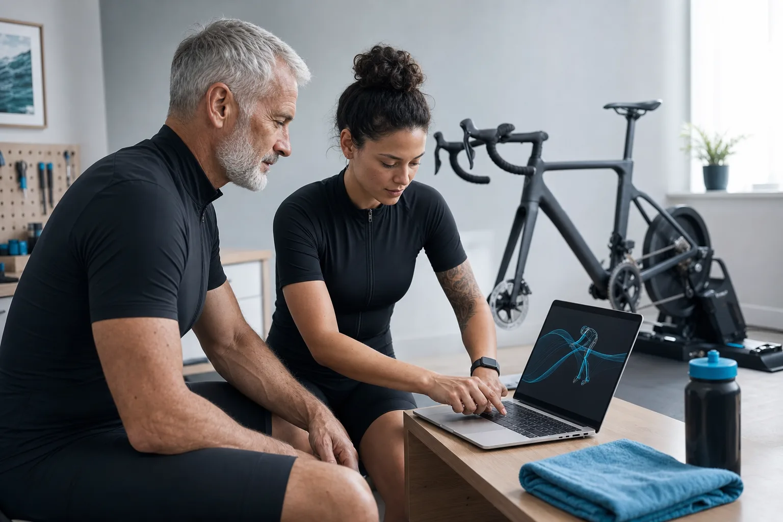 Cyclist reviewing a bike-fit analysis at a workbench