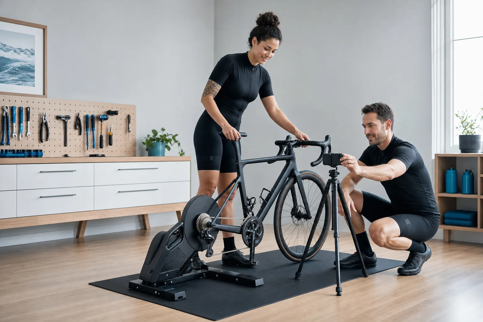Two cyclists set a road bike on an indoor trainer while aligning a phone camera on a tripod in a bright workshop