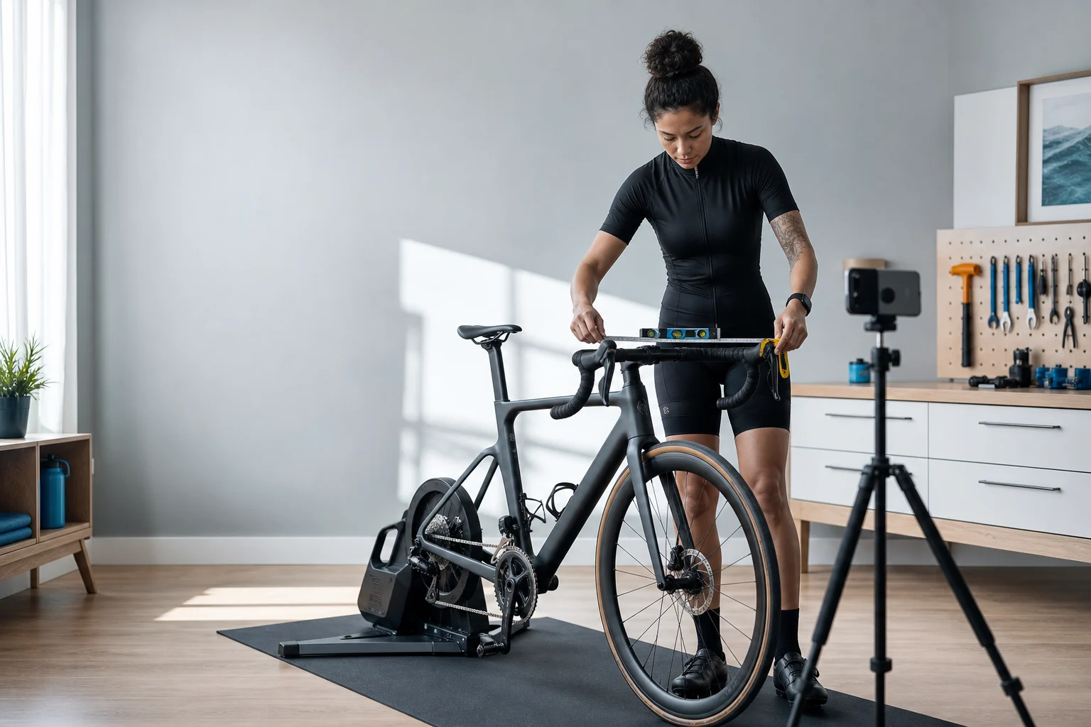 A cyclist measuring the handlebar of a road bike on an indoor trainer while a phone records the setup from a tripod