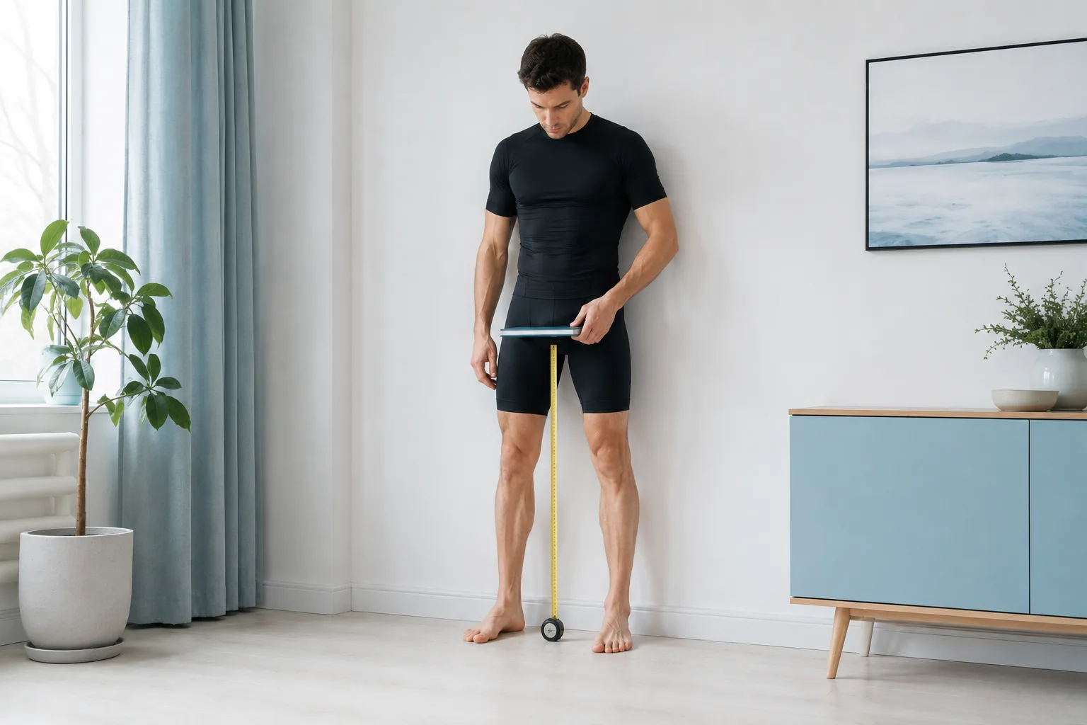Measuring your inseam at home: back against a wall, a book pressed level into the crotch, tape measure running to the floor