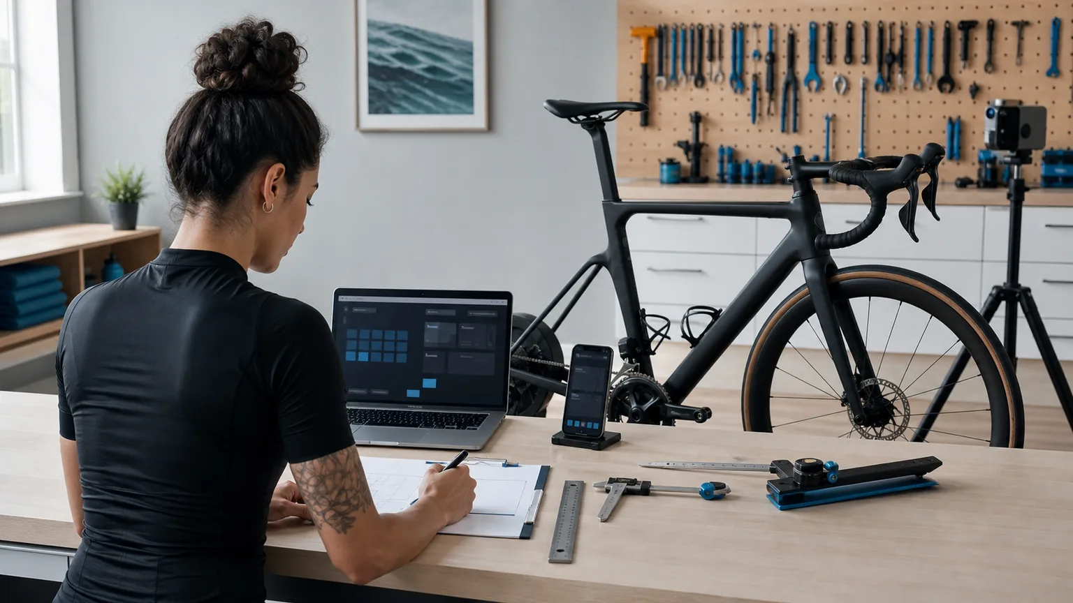 A bike fitter recording measurements at a workbench beside a road bike and camera