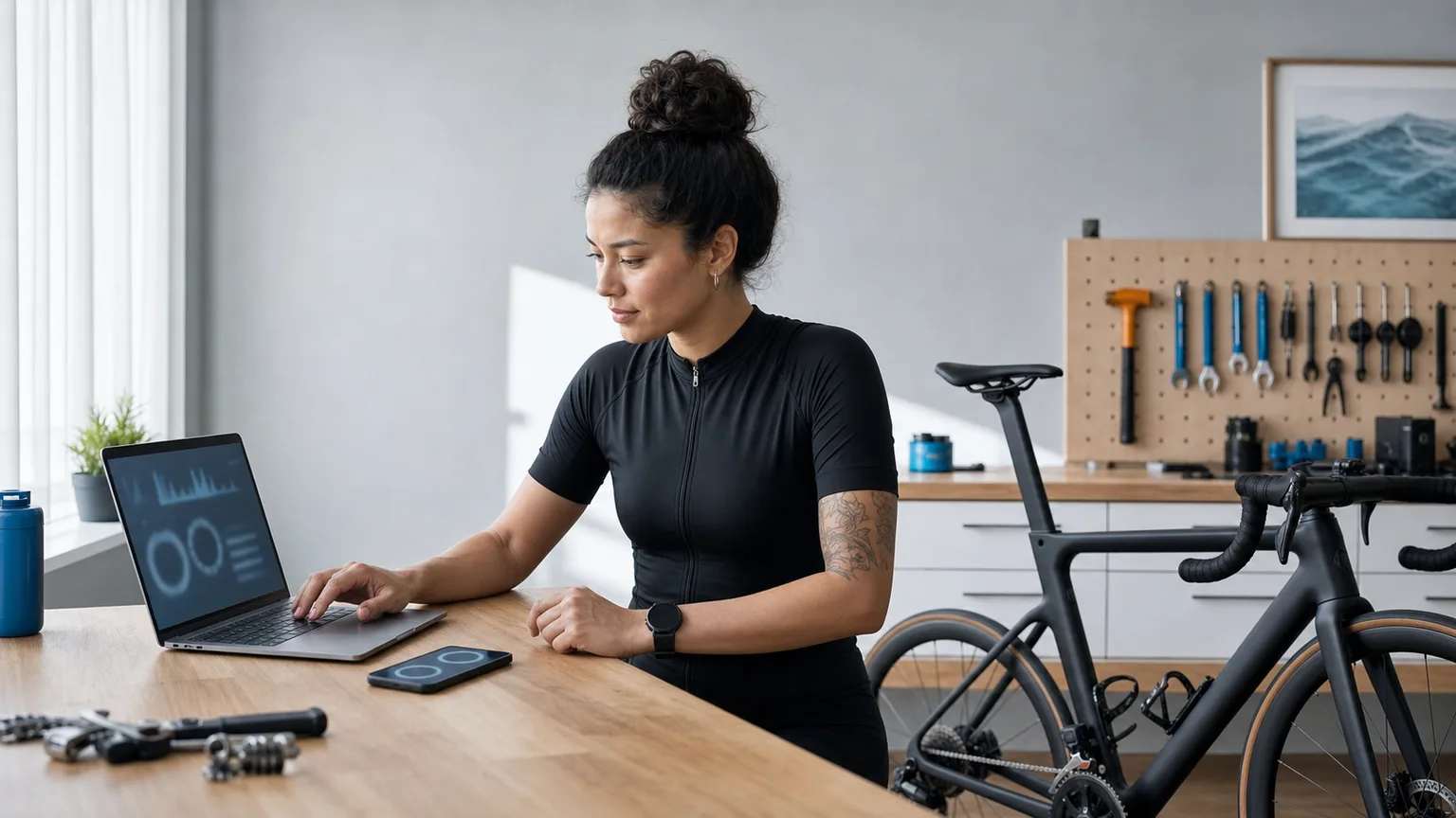 Cyclist reviewing bike-fit records on her own laptop and phone beside her bicycle.