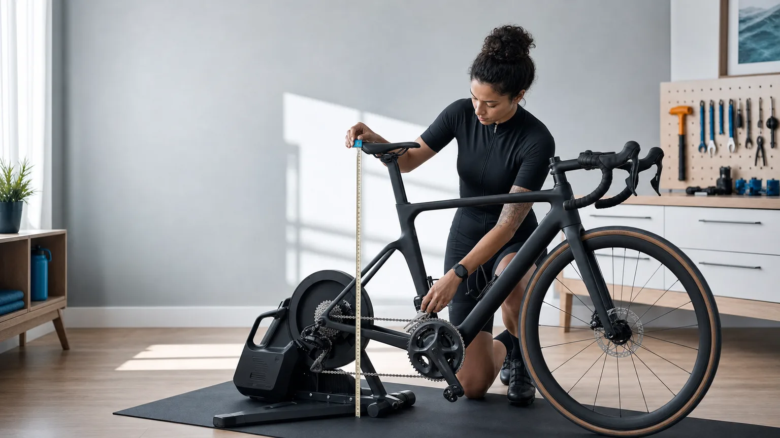 A cyclist measuring the saddle height of a road bike on an indoor trainer