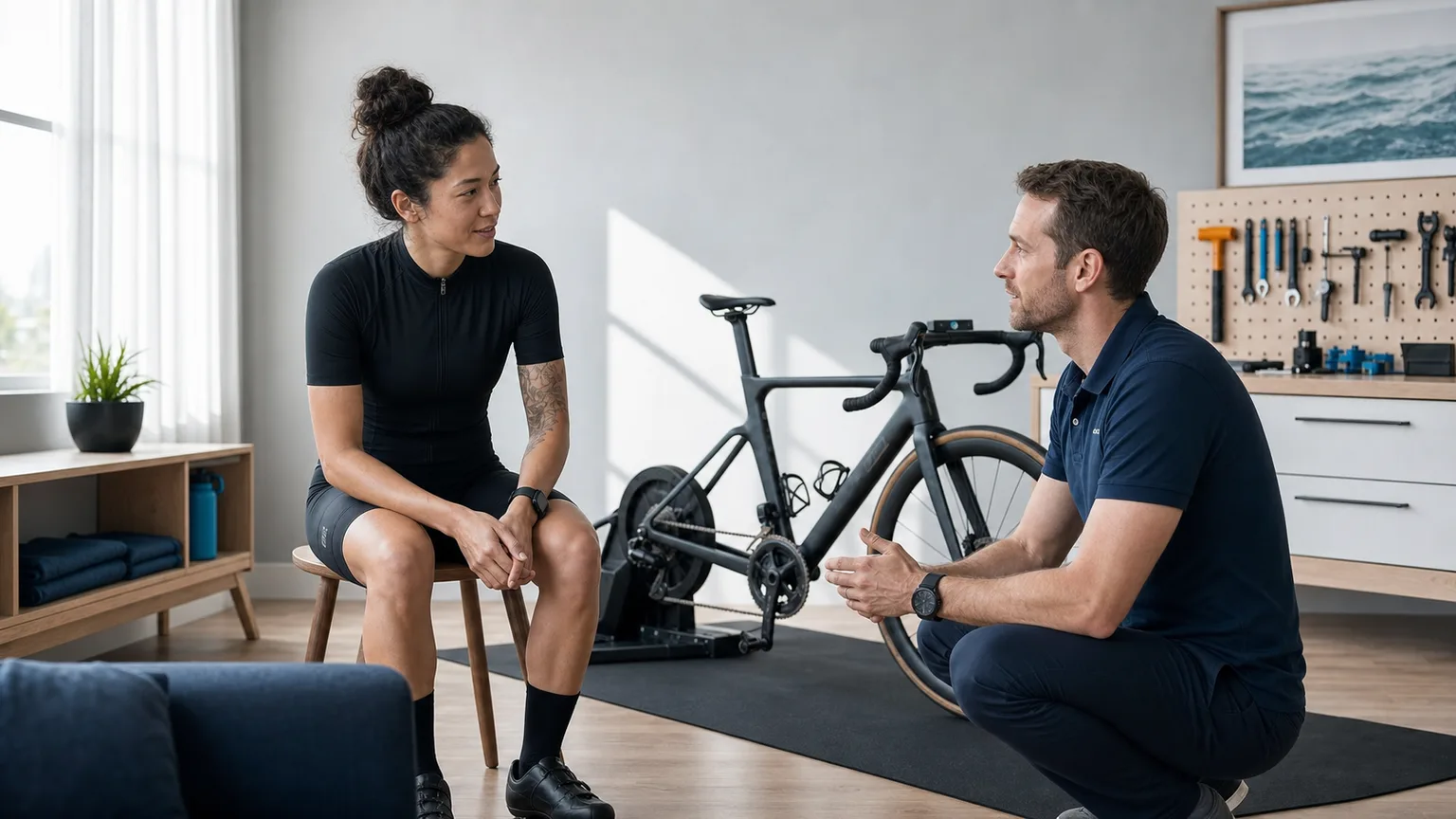 A cyclist discussing discomfort and next steps with a bike-fit professional