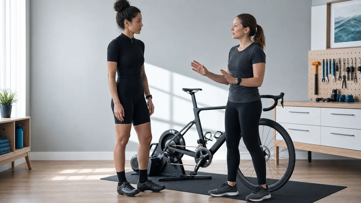 Cyclist and fitter pausing beside a stationary trainer-mounted road bike to discuss whether to continue.
