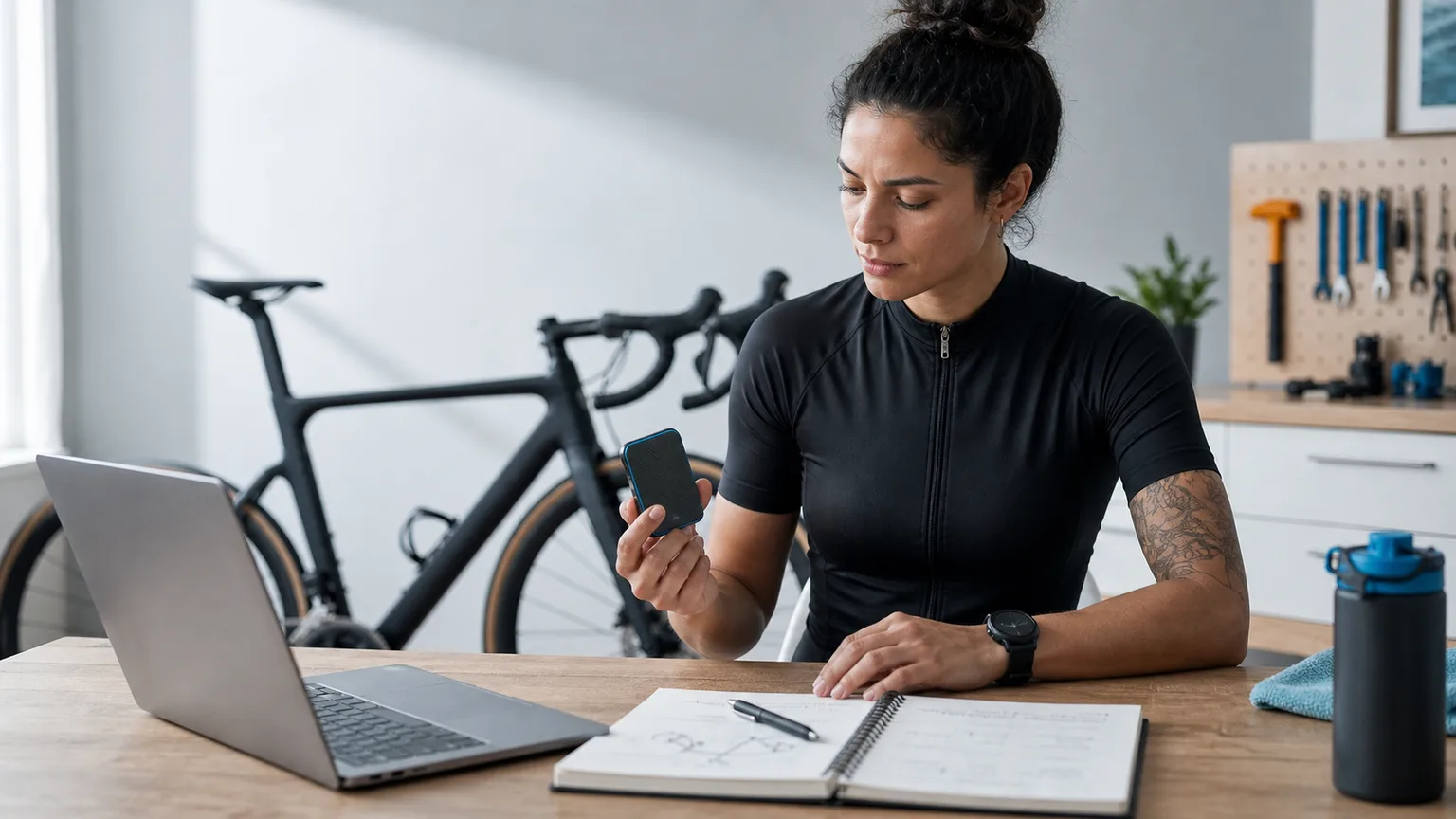 Cyclist holding a small portable drive beside a laptop, notebook and her road bike.