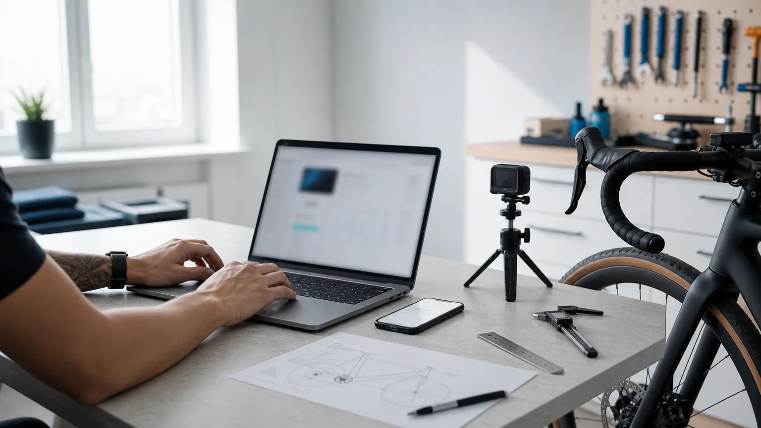 Cyclist using a laptop and phone beside measurement tools and a road bike in a private workshop.