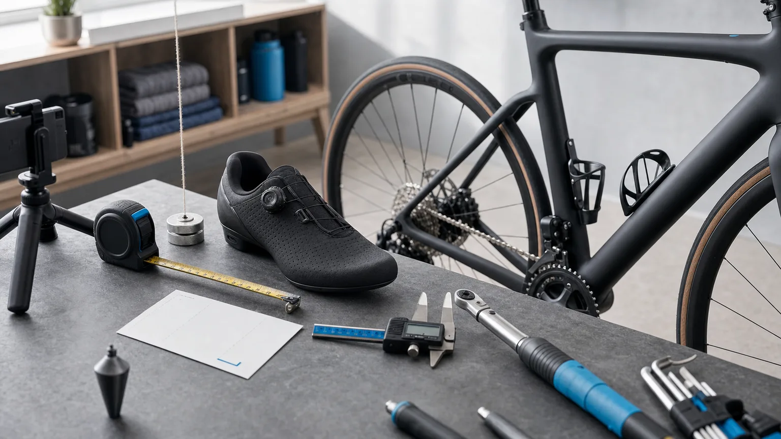 Bike-fit workbench with a plumb line, tape measure, caliper, torque wrench, cycling shoe and phone tripod.