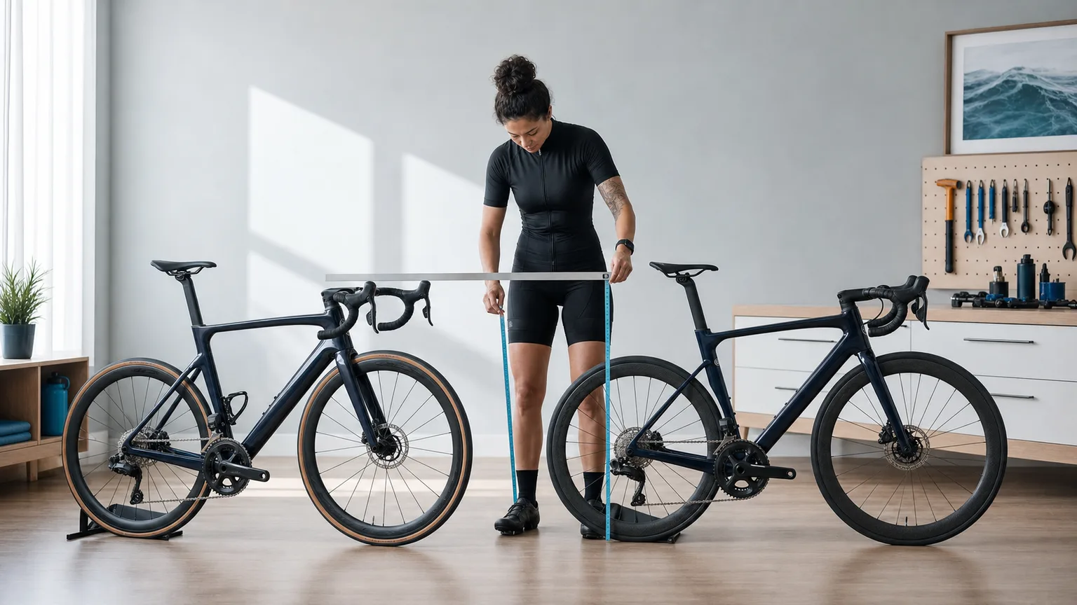 A cyclist comparing the dimensions and contact points of two road bikes