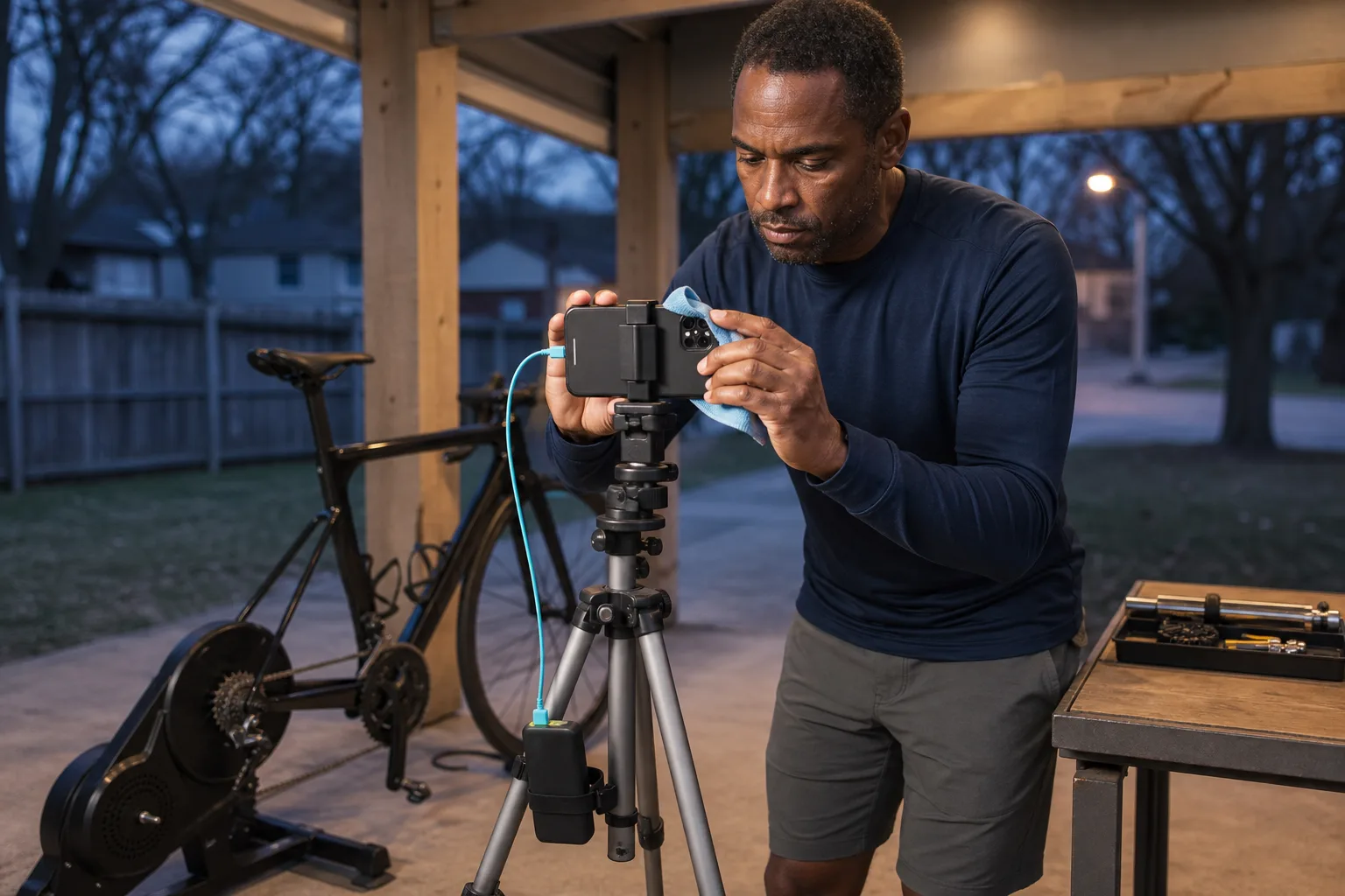 A cyclist checking phone power, rear-camera selection and tripod stability before an on-device bike fit.