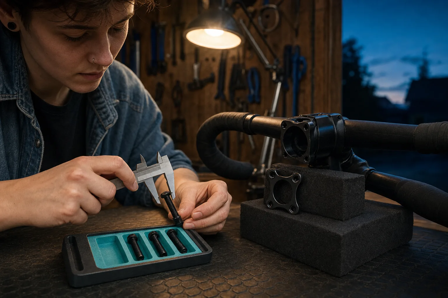 A rider compares four exact stem fasteners beside the supported handlebar before installation.