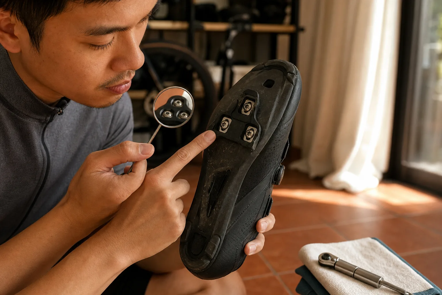 Rider uses an inspection mirror to check three cleat bolt seats on a road shoe.