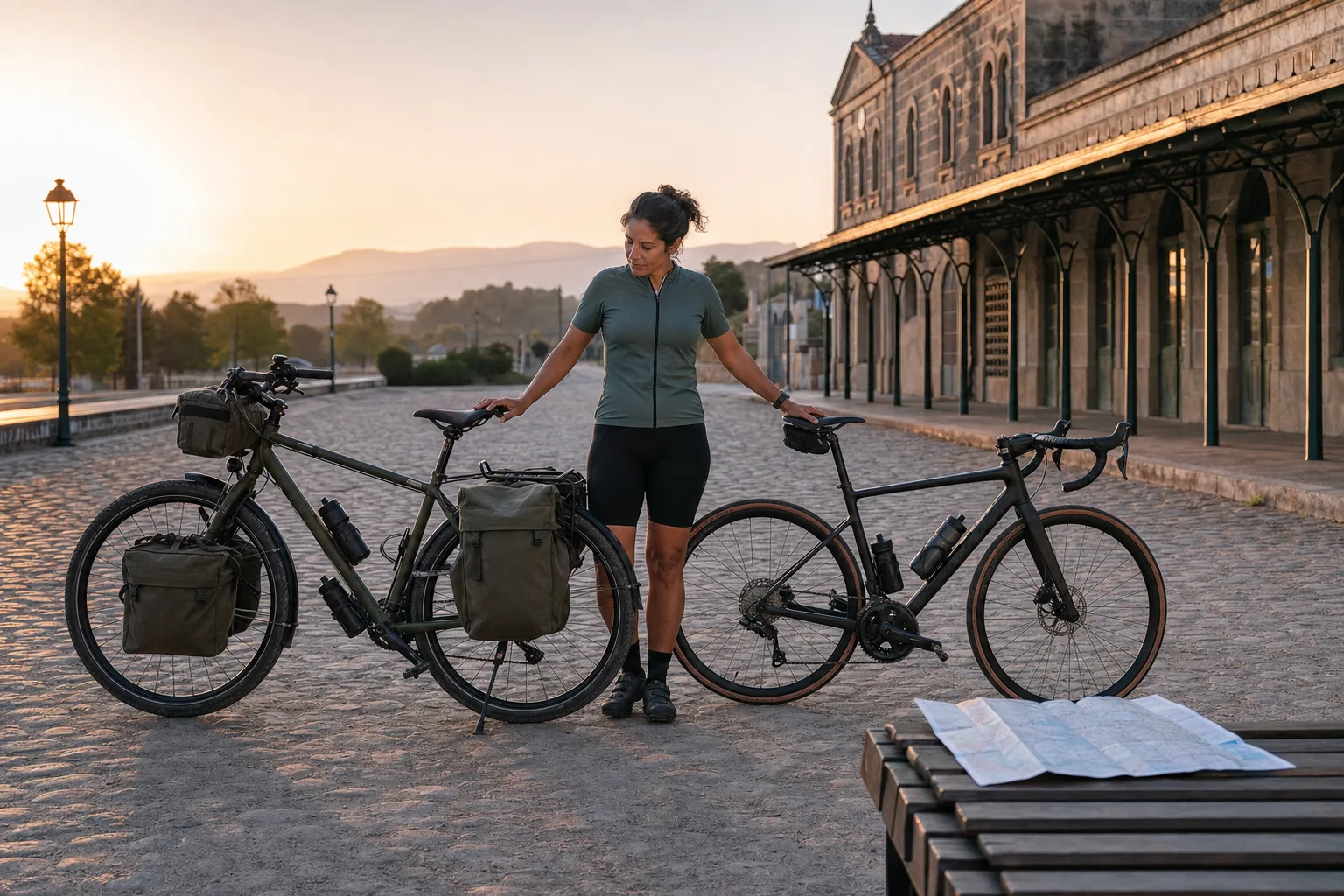A cyclist compares a loaded touring bike with a lower road bike at a railway station.